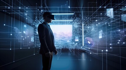 Businessman explore metaverse technology with blockchain network connecting. Computer generated environment between user interface. Generative AI.