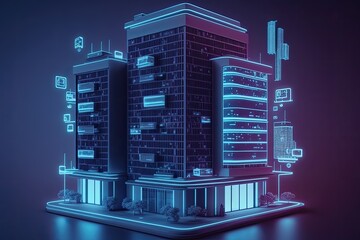 Modern futuristic neon smart home, against the background high rise buildings. Development architecture computer systems of smart building. Hologram futuristic neon of the smart home is isolated