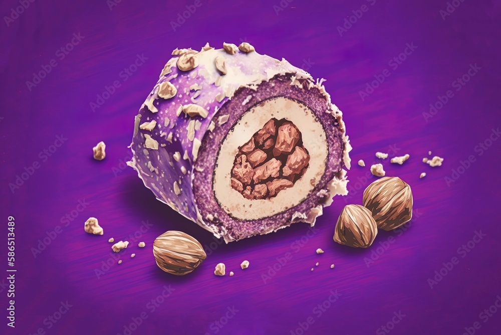 Poster raw vegan hazelnut roll up up and personal on a grungy purple table generative ai