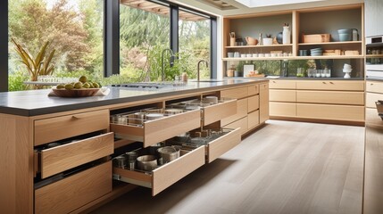 Modern kitchen with oak cabinets. Lower cabinets with built-in drawers, retractable baskets and sliding doors and upper cabinets to store glasses and plates. Generative AI.