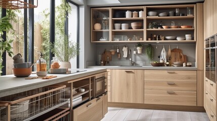 Modern kitchen with oak cabinets. Lower cabinets with built-in drawers, retractable baskets and sliding doors and upper cabinets to store glasses and plates. Generative AI.