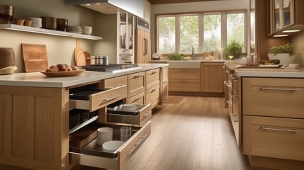Modern kitchen with oak cabinets. Lower cabinets with built-in drawers, retractable baskets and sliding doors and upper cabinets to store glasses and plates. Generative AI.
