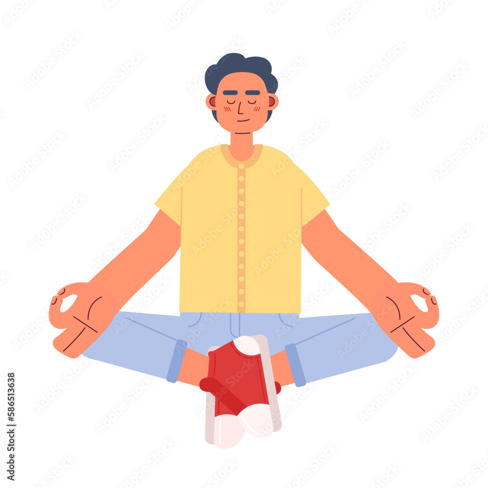 Poster man with closed eyes in relaxing meditation semi flat color vector character. editable figure. full 