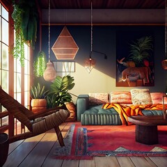 interior of living room in boho style, created with generative ai