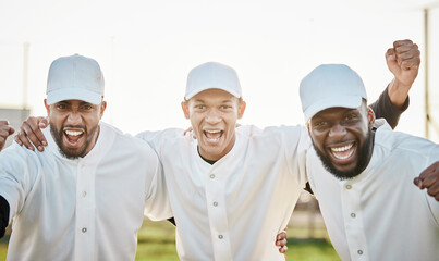 Men, portrait or winner success on baseball field, games or match victory for diversity fitness,...