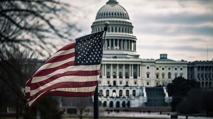American flag flying for US President's Day celebration with Capitol building in the background. Generative AI.