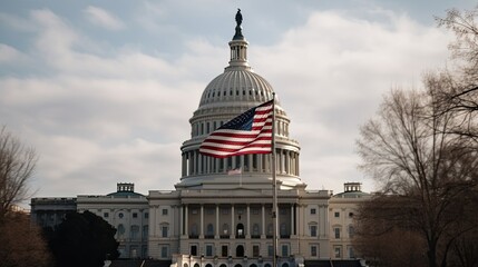 American flag flying for US President's Day celebration with Capitol building in the background. Generative AI.
