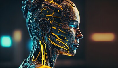Side view of a humanoid robot representing futuristic technology and artificial intelligence. Humanoid head with vibrant neon neural network and  blue eyes