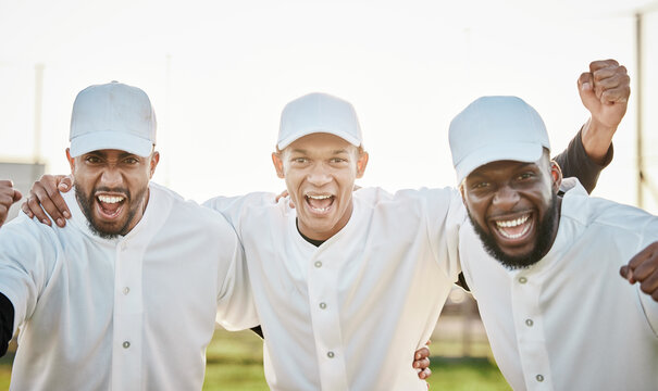 Men, portrait or winner success on baseball field, games or match victory for diversity fitness, exercise or training achievement. Smile, happy or cheering softball players in excited teamwork sports