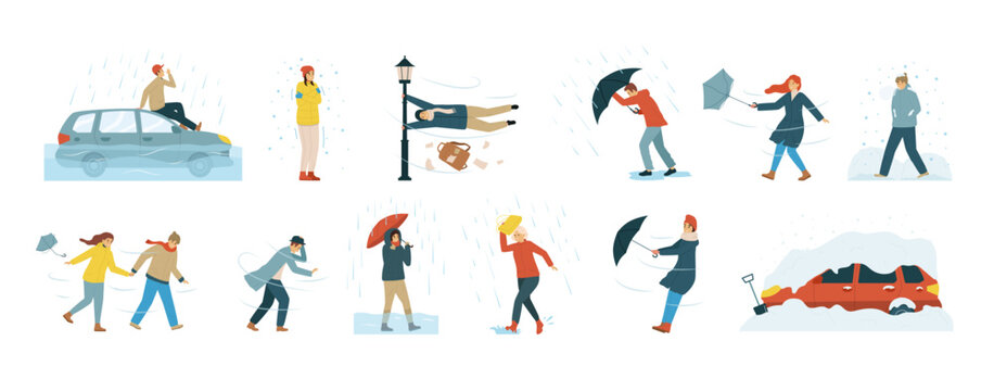 Isolated Bad Weather People Flat Icon Set