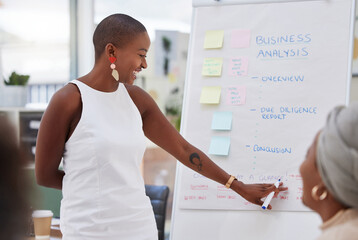 Business meeting, woman speaker smile and writing from women employee group from analysis...