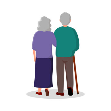 Elderly Couple Walking Together In Flat Design On White Background.