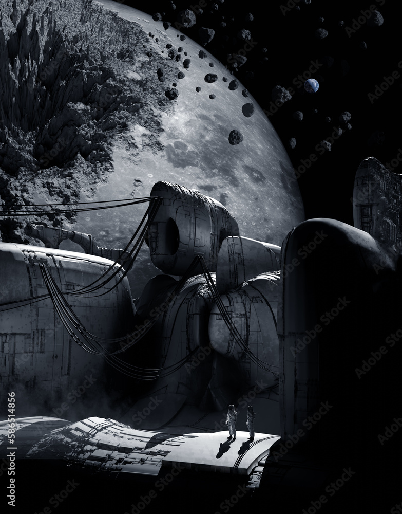 Wall mural moon collapse, surface shrink and crack and spacestation foreground, 3d illustration
