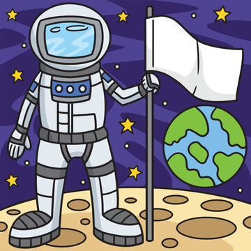 Astronaut Holding a Flag Colored Cartoon 