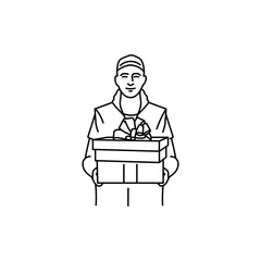 Courier with present  black line icon. Pictogram for web page