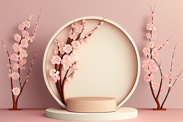 Minimal modern product display podium with blooming cherry tree, ai based