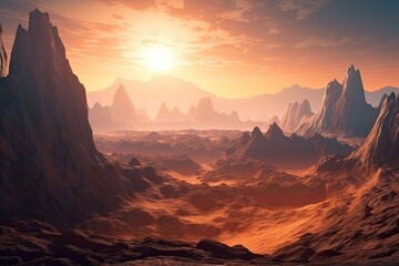 an otherworldly terrain at sunset with towering mountains and jagged rocks. Generative AI