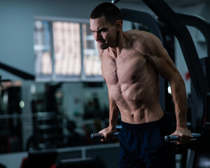 Fototapeta na wymiar Shirtless man doing triceps dips from parallel bars in gym. 