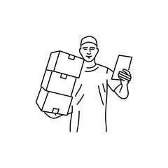 Courier with boxes black line icon. Pictogram for web page
