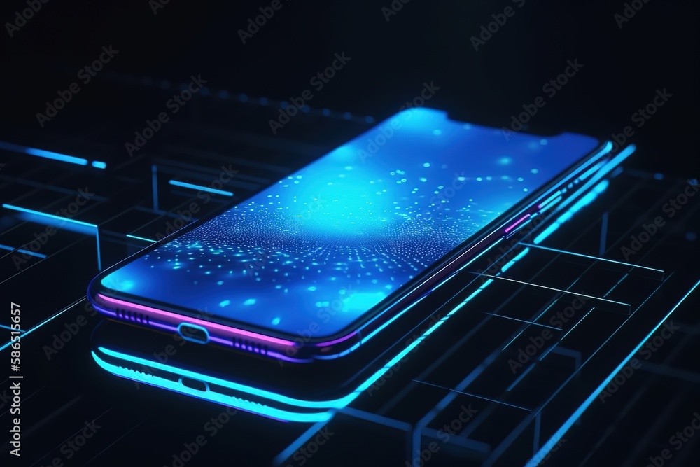 Poster ? modern mobile phone on a dark background lines on a table with neon lighting.Futuristic, modern illustration. Innovative technologies. Generative ai