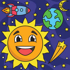 Happy Sun In Space Colored Cartoon Illustration