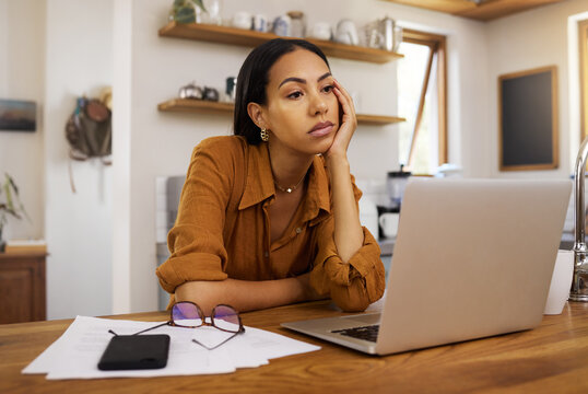 Woman Is Tired, Bored And Remote Work With Laptop, Burnout And Overworked With Employee With Brain Fog. Working From Home, Freelancer And Fatigue, Connectivity And Problem With Professional Female