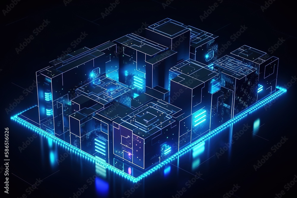 Poster Isometric conceptual banner of blockchain technology.Futuristic, modern illustration. Innovative technologies. Generative ai