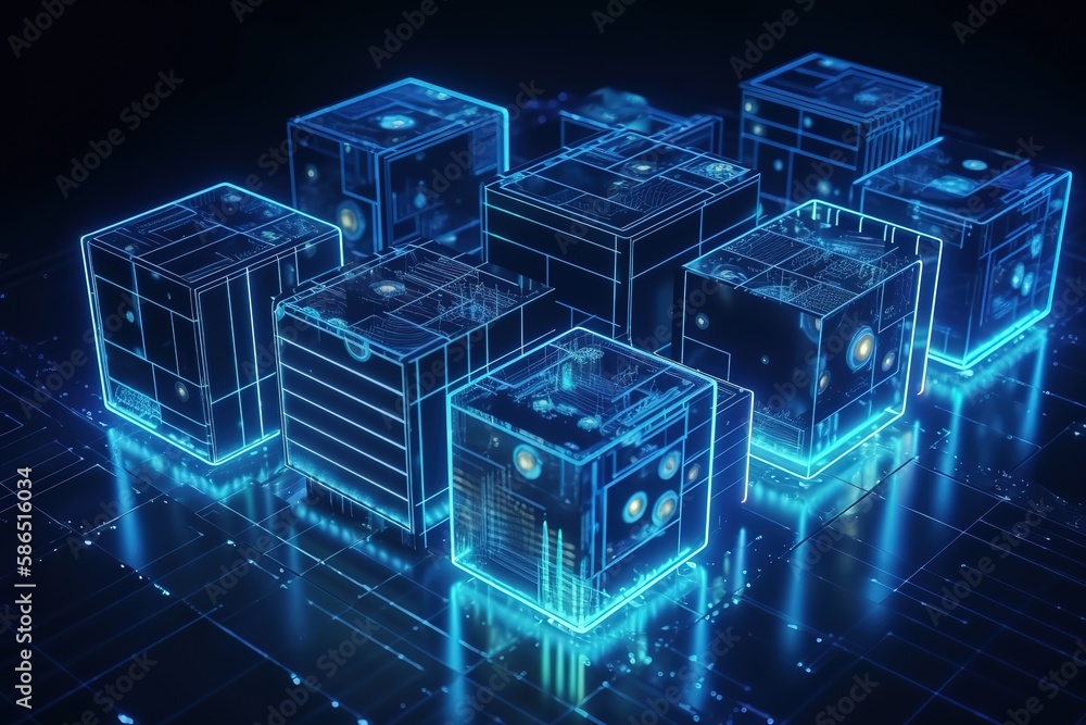 Aufkleber Isometric conceptual banner of blockchain technology.Futuristic, modern illustration. Innovative technologies. Generative ai