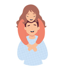 Happy in love married couple. Cute joyful fair-skinned girl hugs man. Vector illustration in flat style of loving young couple for valentines day, wedding and birthday design.