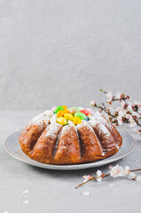 Easter Cake, Traditional Cake Decorated with Sugar Eggs on Bright Background
