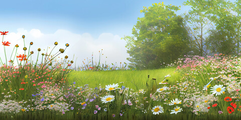 A painted landscape of a summer meadow with beautiful wildflowers in the foreground. Generative AI