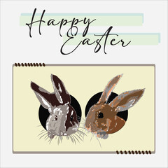 A vector image of 2 rabbit with one is looking at the other and wording happy Easter above.  
Suitable design for creative arts, template, poster, postcard, card wishes etc.