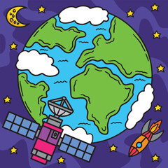 Space Satellite Colored Cartoon Illustration