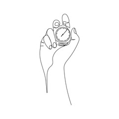 Human hand holding stopwatch. One line art. Sport timer for competitions. Measurement and time management concept. Vector illustration.