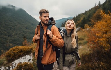 Couple hiking in the mountains. Generative AI technology.