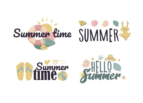 Collection of colorful beautiful summer stickers. Summer nautical hand drawn lettering vector set. Bright decorative set of design elements. All objects are separated. Vector illustration.