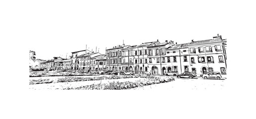 Building view with landmark of 
Port of Ravenna is the seaport in Italy.  Hand drawn sketch illustration in vector.