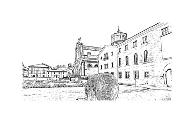 Building view with landmark of 
Port of Ravenna is the seaport in Italy.  Hand drawn sketch illustration in vector.
