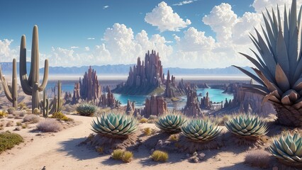 Landscape overlooking a rocky canyon, surrounded by cacti. The road to the valley of death