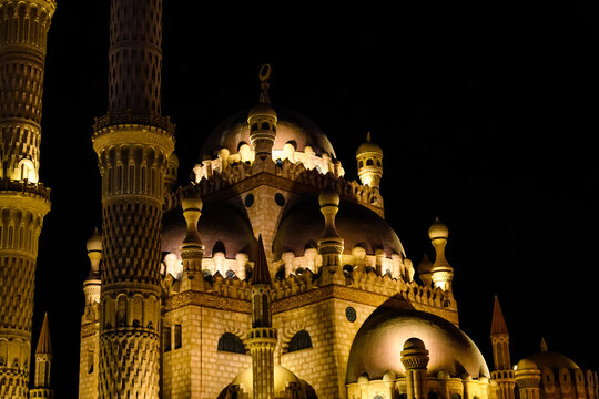 Al Sahaba Mosque at night at old town of Sharm El Sheikh, Egypt.