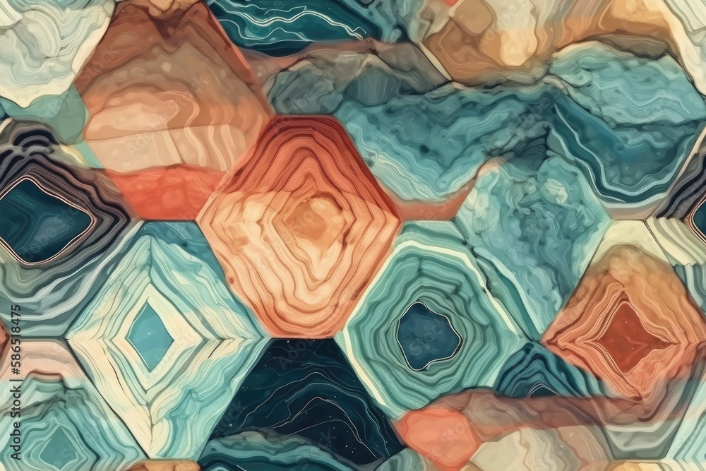 Poster an abstract painting composed of hexagonal shapes in vibrant colors. generative ai