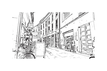 Building view with landmark of 
Port of Ravenna is the seaport in Italy.  Hand drawn sketch illustration in vector.