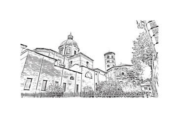 Building view with landmark of 
Port of Ravenna is the seaport in Italy.  Hand drawn sketch illustration in vector.