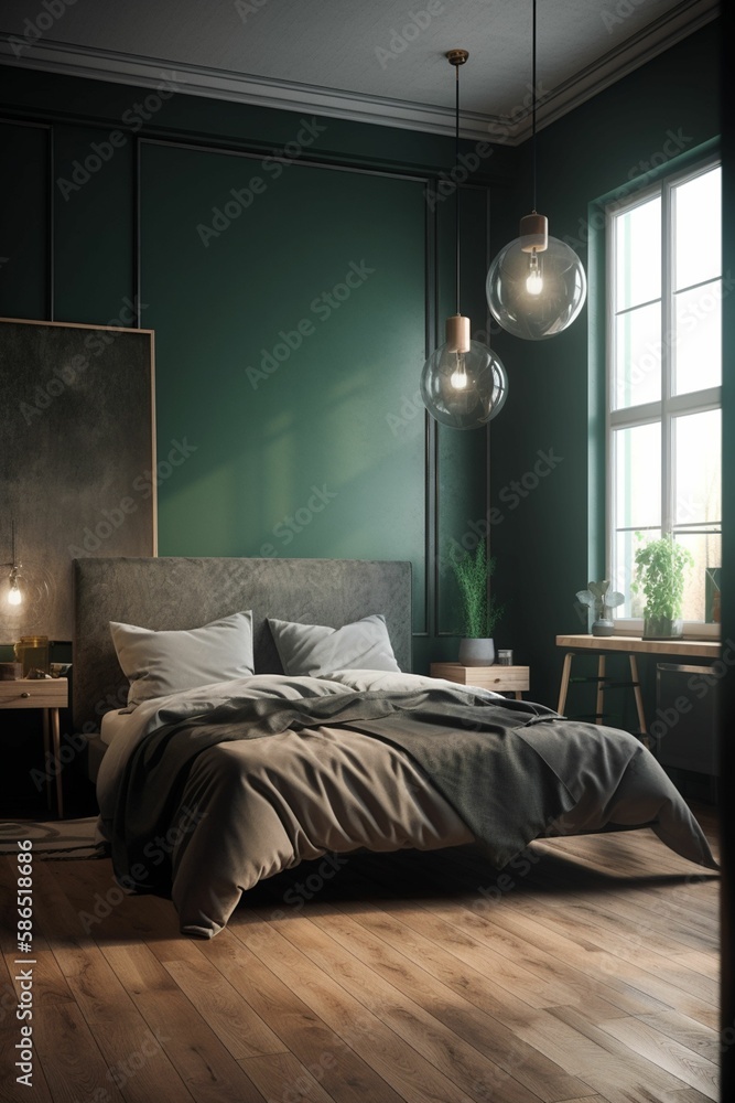 Wall mural minimalistic bedroom professional color grading, soft shadows, no contrast, clean sharp focus, gener