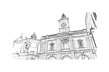 Building view with landmark of 
Port of Ravenna is the seaport in Italy.  Hand drawn sketch illustration in vector.