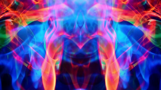Terrifying multicolored fluid kaleidoscopic pattern in dark bright colors. Moving creative energetic background for your design.
