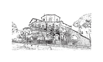 Building view with landmark of 
Port of Ravenna is the seaport in Italy.  Hand drawn sketch illustration in vector.