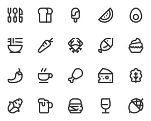 Mini line icons about food and drink. Editable stroke on transparent background