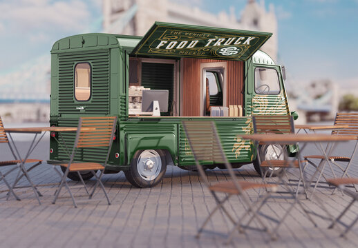 Opened Vintage Food Truck Scene Mockup