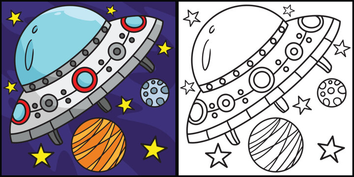 UFO Spaceship Coloring Page Colored Illustration